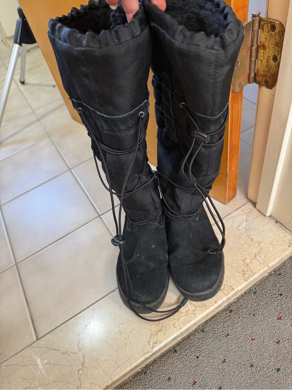 BearPaw Black Tall Fleece-Lined Winter Boots with Adjustable Lace Cords